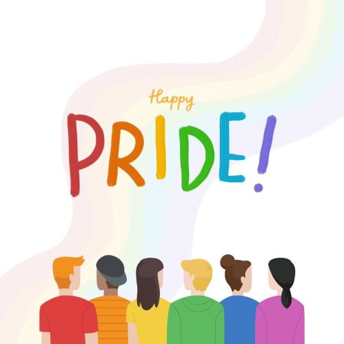 People in a row wearing pride colors